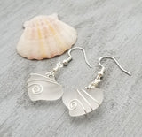 Hawaiian Jewelry Sea Glass Earrings, Wire Twin Heart Earrings Crystal Sea Glass Earrings, Beach Jewelry (April Birthstone Jewelry)