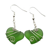 Hawaiian Jewelry Sea Glass Earrings, Wire Twin Heart Earrings Emerald Green Earrings, Beach Jewelry (May Birthstone Jewelry)