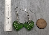 Hawaiian Jewelry Sea Glass Earrings, Wire Twin Heart Earrings Emerald Green Earrings, Beach Jewelry (May Birthstone Jewelry)