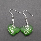 Hawaiian Jewelry Sea Glass Earrings, Wire Twin Heart Earrings Emerald Green Earrings, Beach Jewelry (May Birthstone Jewelry)