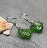 Hawaiian Jewelry Sea Glass Earrings, Wire Twin Heart Earrings Emerald Green Earrings, Beach Jewelry (May Birthstone Jewelry)