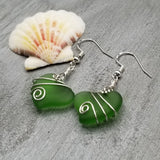 Hawaiian Jewelry Sea Glass Earrings, Wire Twin Heart Earrings Emerald Green Earrings, Beach Jewelry (May Birthstone Jewelry)