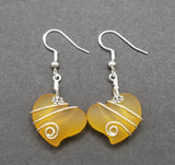 Hawaiian Jewelry Sea Glass Earrings, Wire Twin Heart Earrings Yellow Earrings, Beach Jewelry (November Birthstone Jewelry)