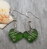 Hawaiian Jewelry Sea Glass Earrings, Wire Twin Heart Earrings Emerald Green Earrings, Beach Jewelry (May Birthstone Jewelry)