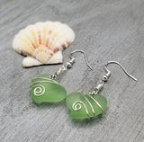 Hawaiian Jewelry Sea Glass Earrings, Wire Twin Heart Earrings Peridot Green Earrings, Beach Jewelry (August Birthstone Jewelry)