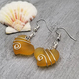 Hawaiian Jewelry Sea Glass Earrings, Wire Twin Heart Earrings Yellow Earrings, Beach Jewelry (November Birthstone Jewelry)
