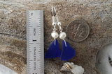 Handmade in Hawaii, Genuine surf tumbled natural cobalt blue wire wrapped sea glass earrings, Fresh water pearl, Beach jewelry.