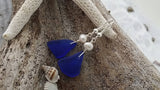Handmade in Hawaii, Genuine surf tumbled natural cobalt blue wire wrapped sea glass earrings, Fresh water pearl, Beach jewelry.