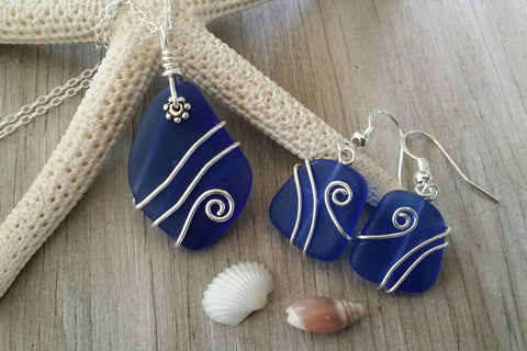 Handmade in Hawaii, Wire wrapped cobalt blue sea glass necklace + earrings jewelry set,925 sterling silver chain, gift box, wedding gift
