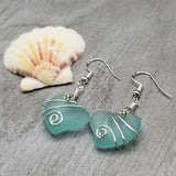 Hawaiian Jewelry Sea Glass Earrings, Wire Twin Heart Earrings Aquamarine Earrings, Beach Jewelry (March Birthstone Jewelry)