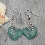 Hawaiian Jewelry Sea Glass Earrings, Wire Twin Heart Earrings Aquamarine Earrings, Beach Jewelry (March Birthstone Jewelry)