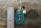 Handmade in Hawaii, Blue sea glass necklace, mermaid charm ,Natural  pearl,   gift box, Hawaii jewelry .