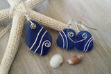 Handmade in Hawaii, Wire wrapped cobalt blue sea glass necklace + earrings jewelry set,925 sterling silver chain, gift box, wedding gift