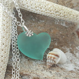 Hawaiian Jewelry Sea Glass Necklace, Heart Necklace Aquamarine Necklace, Sea Glass Jewelry Beach Jewelry (March Birthstone Jewelry Gift)