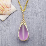 Hawaiian Jewelry Sea Glass Necklace, Gold Braided "Magical Color Changing" Purple Necklace Teardrop Necklace, (February Birthstone Jewelry)