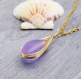 Hawaiian Jewelry Sea Glass Necklace, Gold Braided "Magical Color Changing" Purple Necklace Teardrop Necklace, (February Birthstone Jewelry)